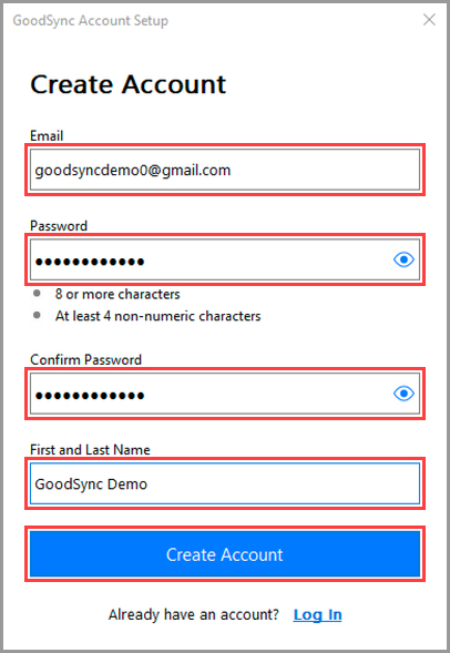 在 Windows 创建新 GoodSync 账户