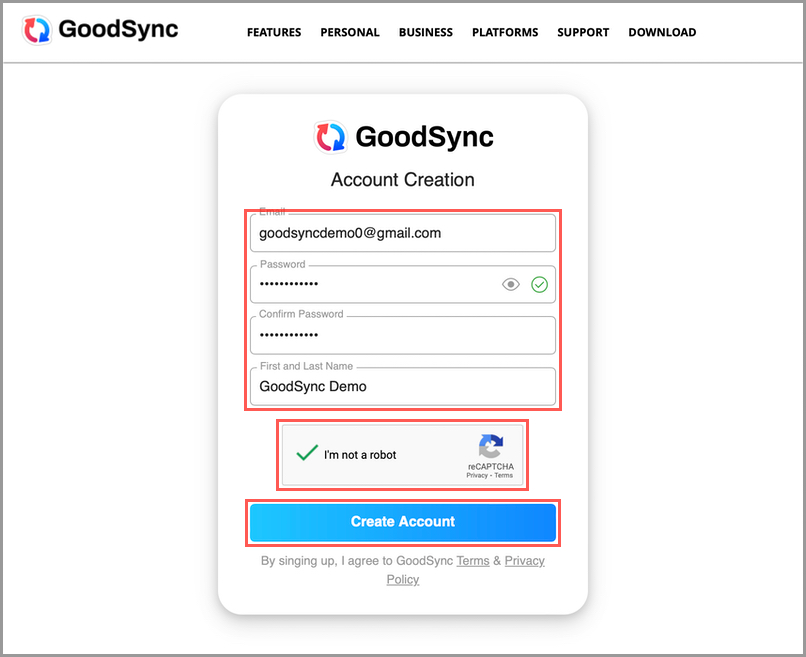 Web 网页创建 GoodSync 账户表单