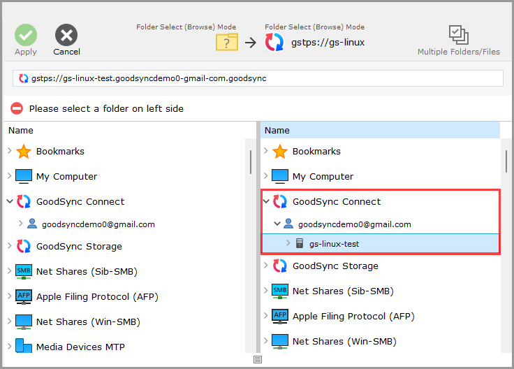 GoodSync Connect 显示已注册 Linux 主机
