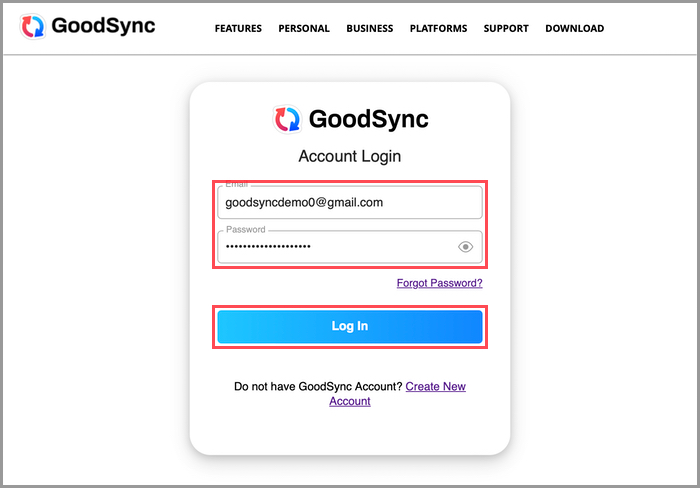 登录 GoodSync Account Web UI