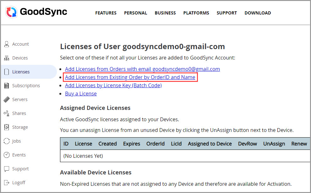 新账户添加来自现有订单的 License