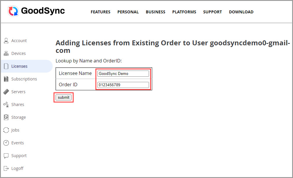 提交 Licensee Name 与 Order ID