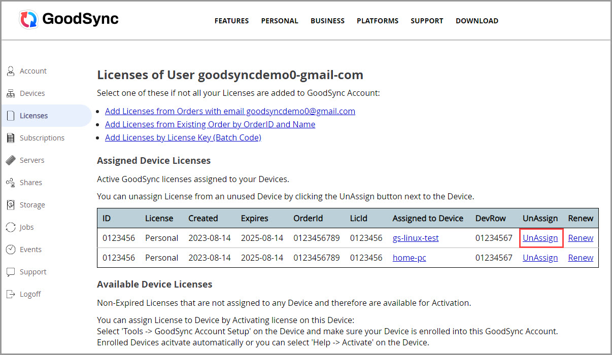 为设备取消 License 分配