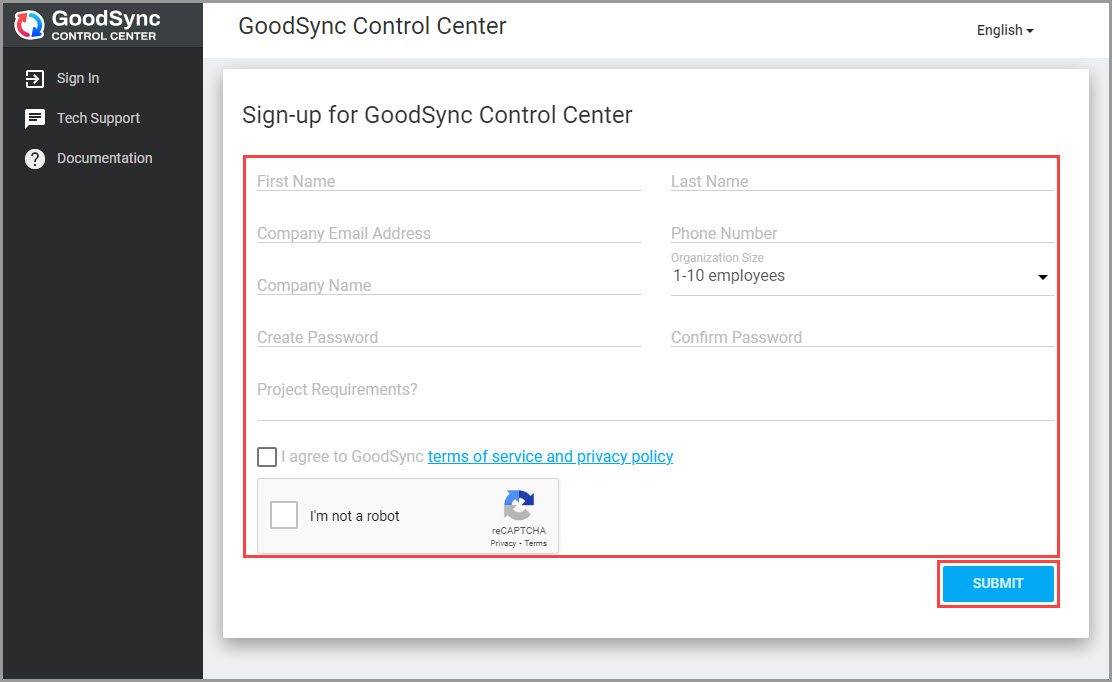 Control Center 公司账户创建表单